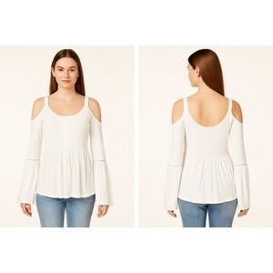 American Rag Juniors Cream Cold Shoulder Bell Sleeve Smocked Top Size S